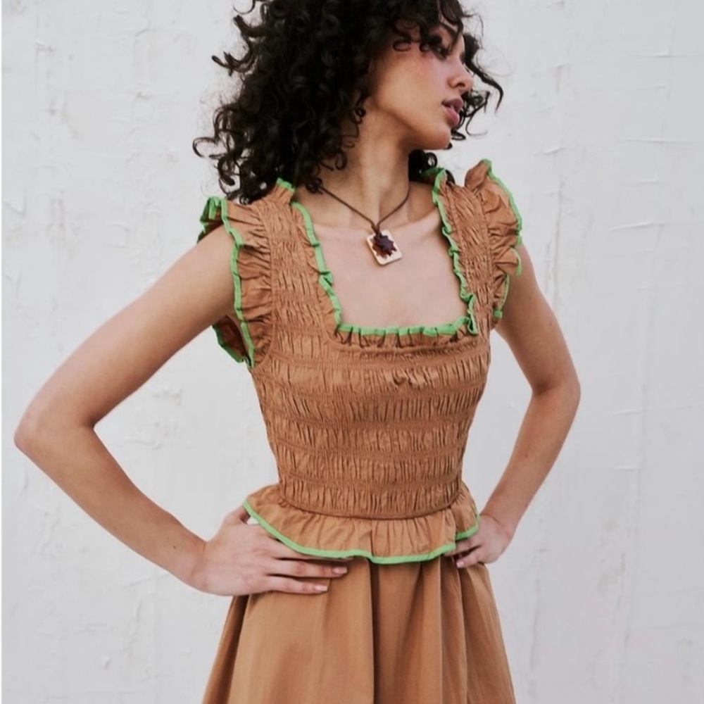 Free People Tan Midi Dress with Green Trim - Picture 3 of 4